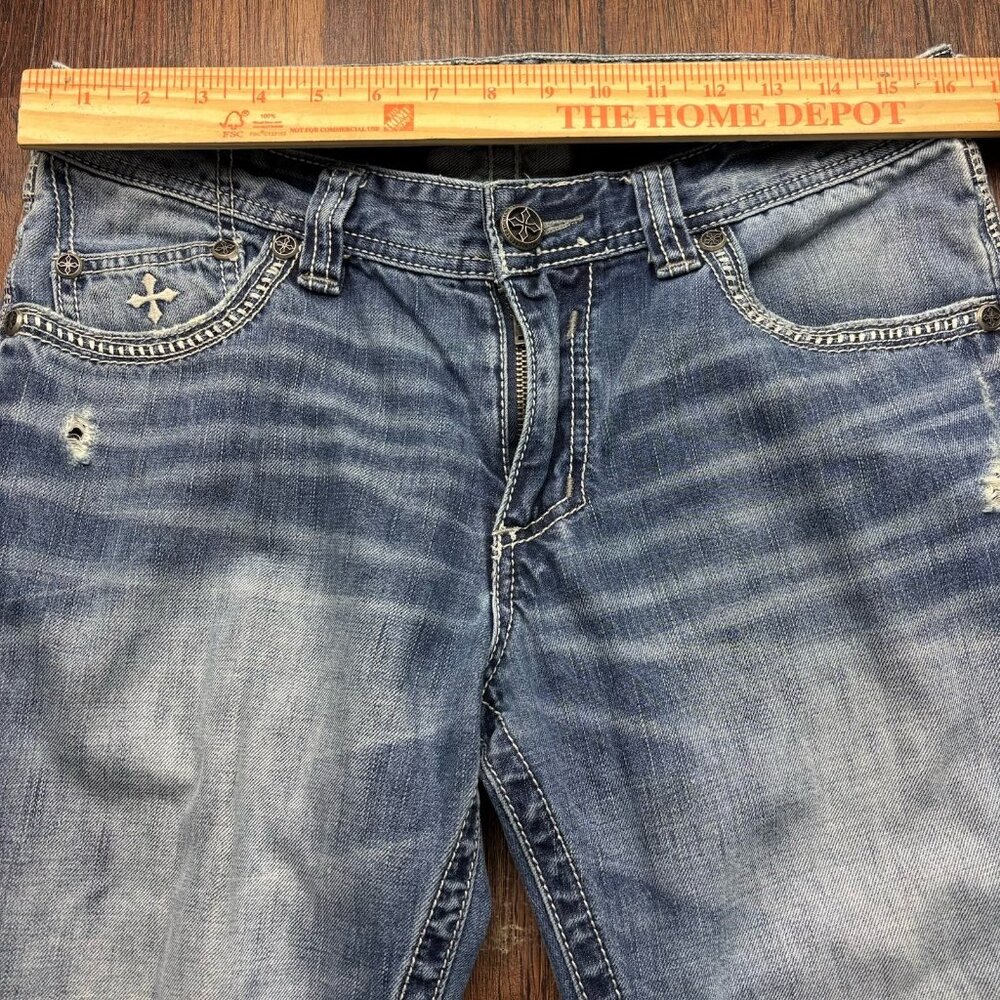 Affliction Cooper Bootcut Jeans Embroidered Western Destroyed Light Wash Size 32 - Picture 9 of 13